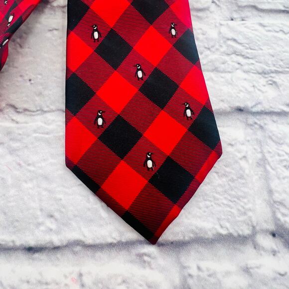 TOMMY HILFIGER Men's Buffalo Check Penguin Silk Neck Tie Red/Black 3.5"x60" - Picture 2 of 5